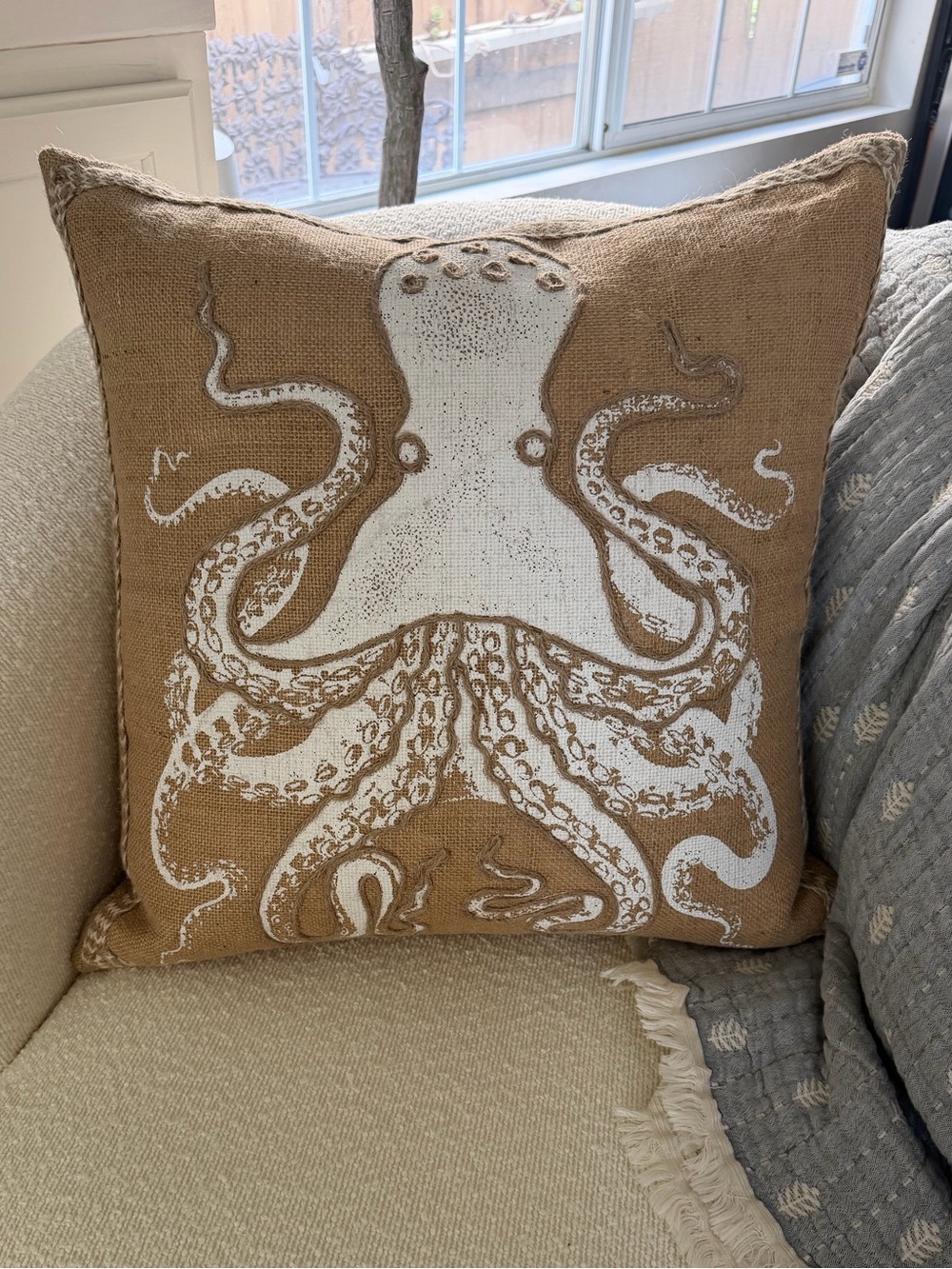 Octopus Print Accent Pillow in Tan and White - Coastal Home Accent
